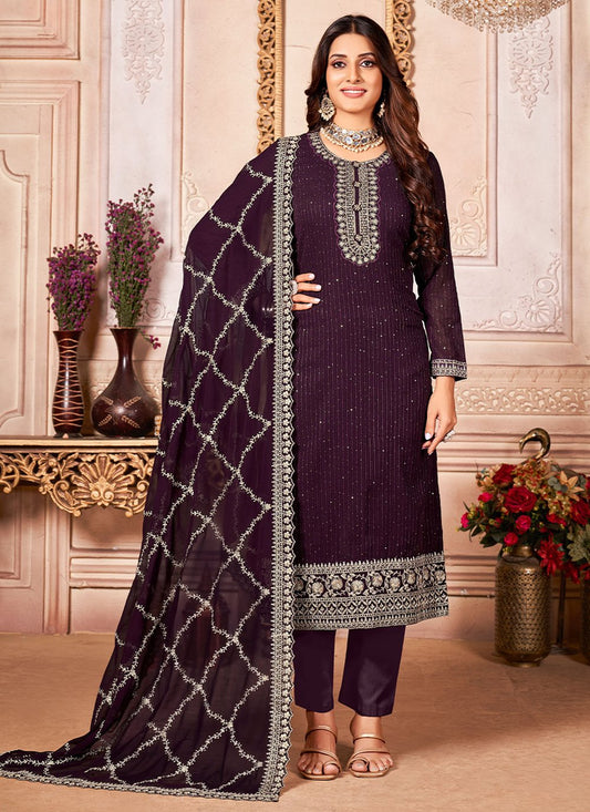 Pant Style Suit Faux Georgette Purple Embroidered Salwar Kameez