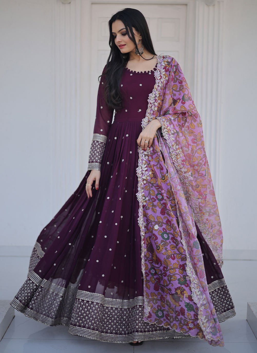 Gown Faux Georgette Purple Embroidered Gown