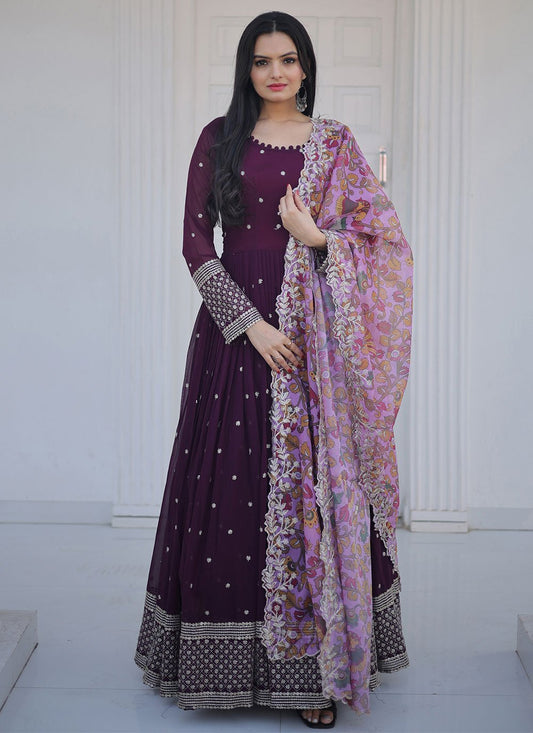 Gown Faux Georgette Purple Embroidered Gown