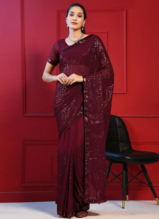 Classic Georgette Purple Embroidered Saree