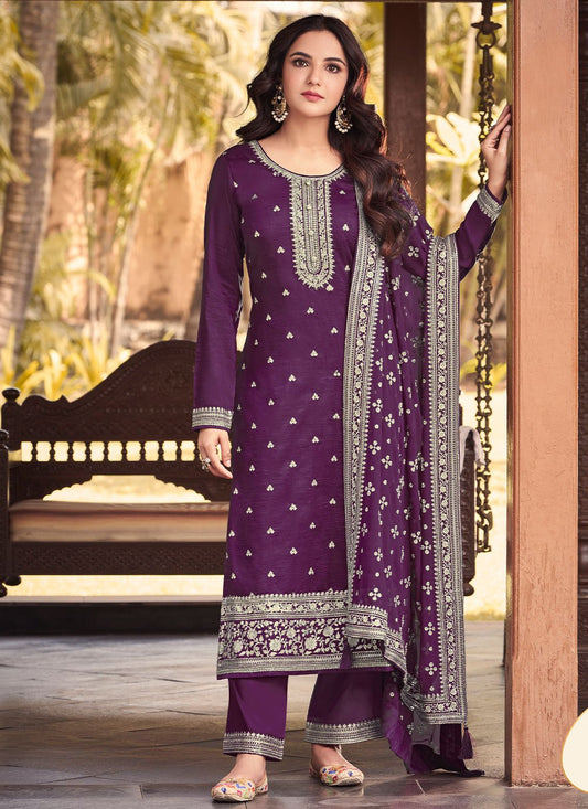 Bollywood Replica Salwar Kameez Silk Purple Embroidered Salwar Kameez