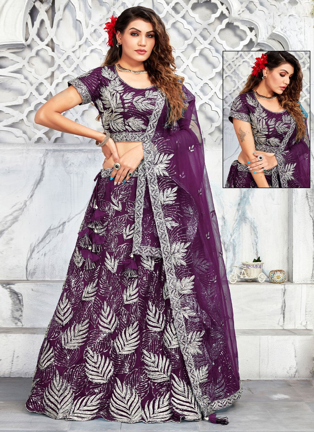 Lehenga Choli Net Silk Purple Embroidered Lehenga Choli