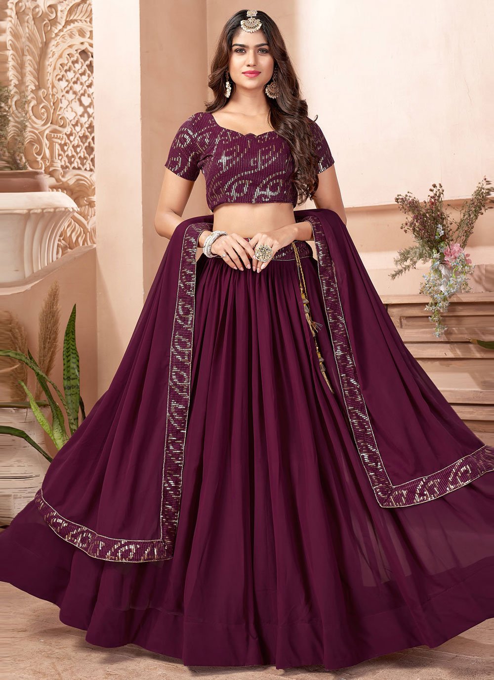 Readymade Lehenga Choli Georgette Purple Embroidered Lehenga Choli