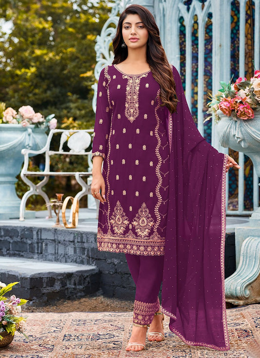 Salwar Suit Faux Georgette Purple Embroidered Salwar Kameez