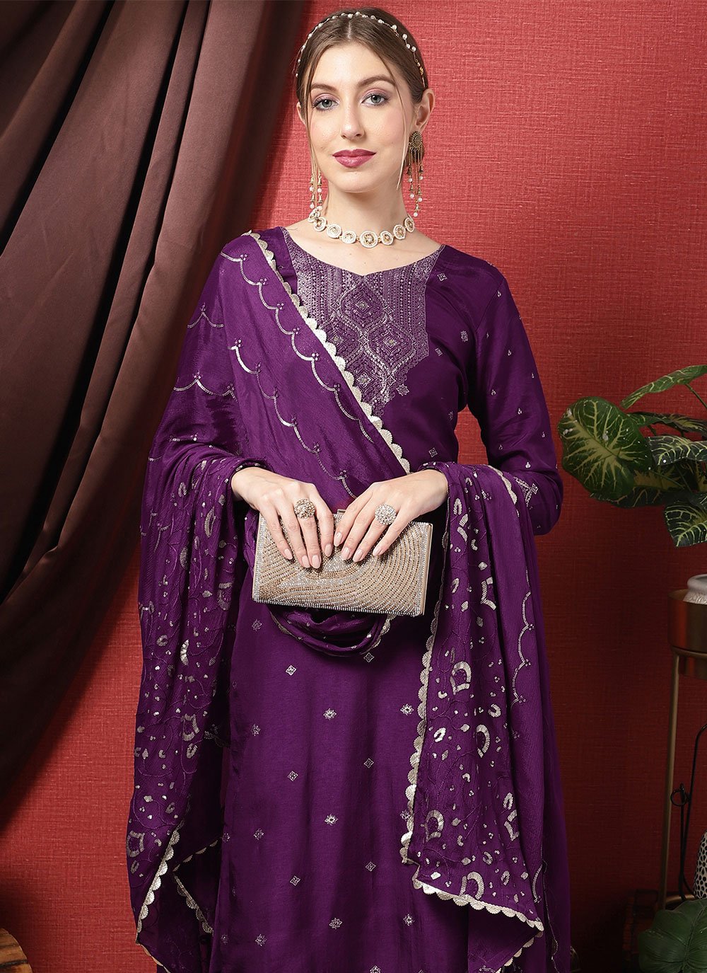 Straight Salwar Suit Silk Purple Embroidered Salwar Kameez