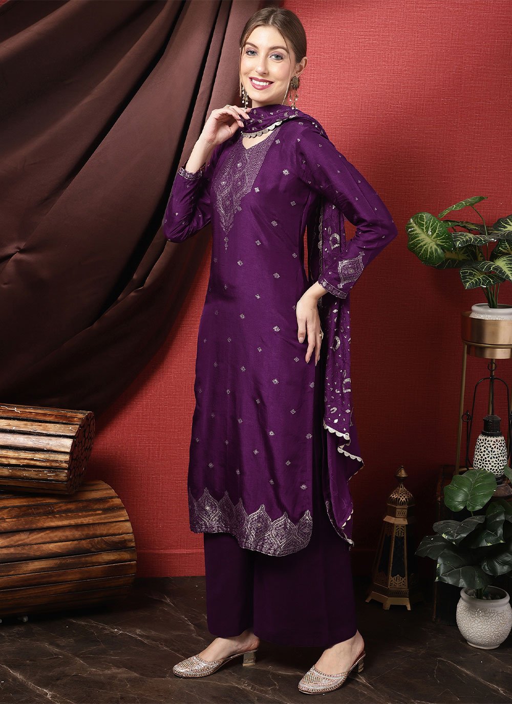 Straight Salwar Suit Silk Purple Embroidered Salwar Kameez