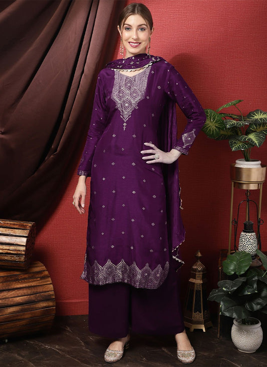 Straight Salwar Suit Silk Purple Embroidered Salwar Kameez