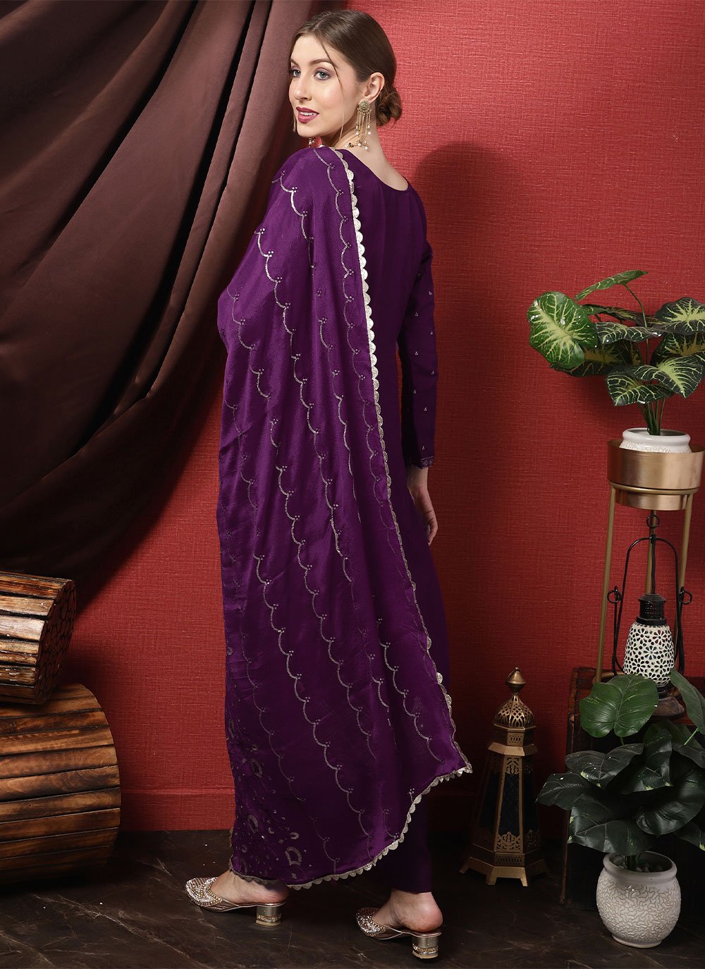 Straight Salwar Suit Silk Purple Embroidered Salwar Kameez