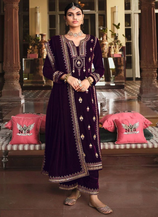 Palazzo Salwar Suit Velvet Purple Embroidered Salwar Kameez