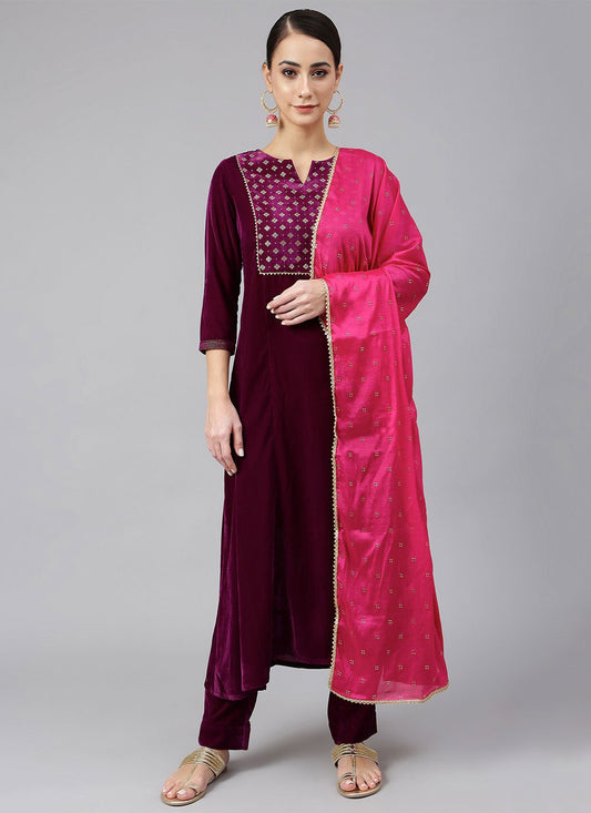 Salwar Suit Velvet Purple Embroidered Salwar Kameez