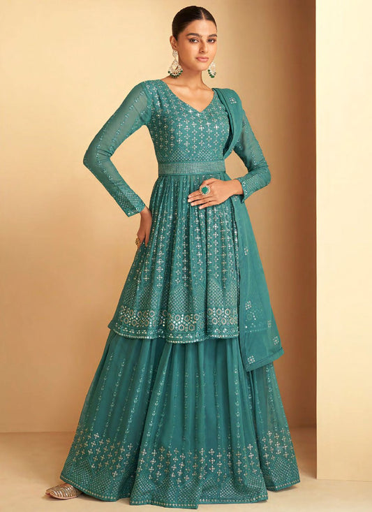 Lehenga Choli Georgette Rama Embroidered Lehenga Choli