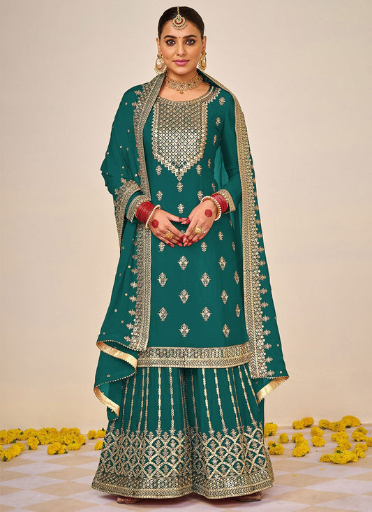 Straight Salwar Suit Faux Georgette Rama Embroidered Salwar Kameez