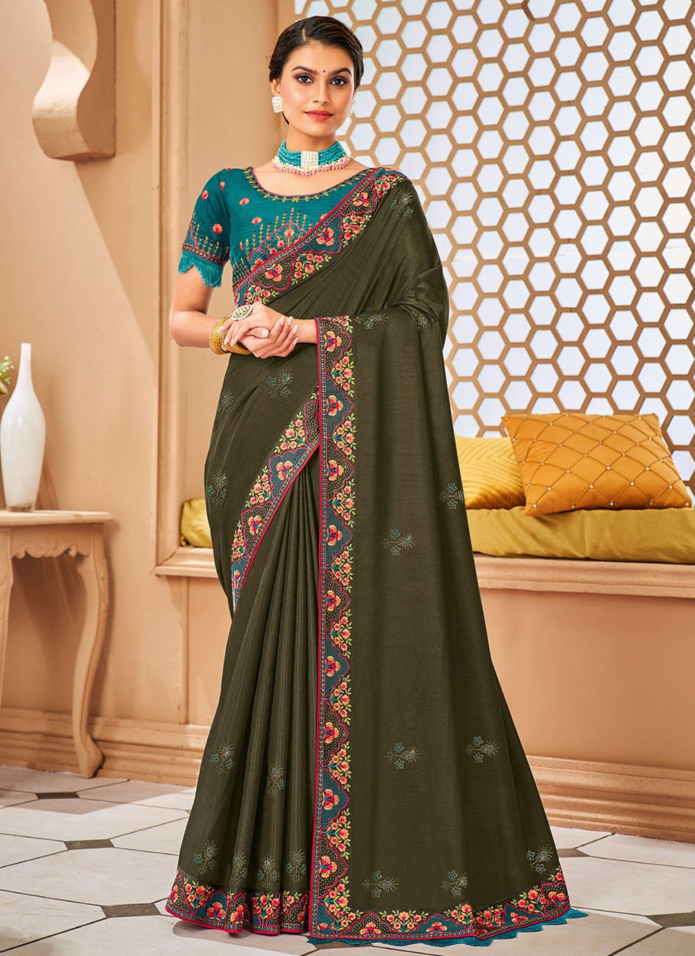 Classic Raw Silk Green Embroidered Saree