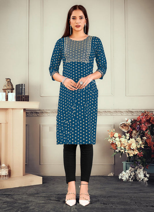 Casual Kurti Rayon Blue Embroidered Kurtis