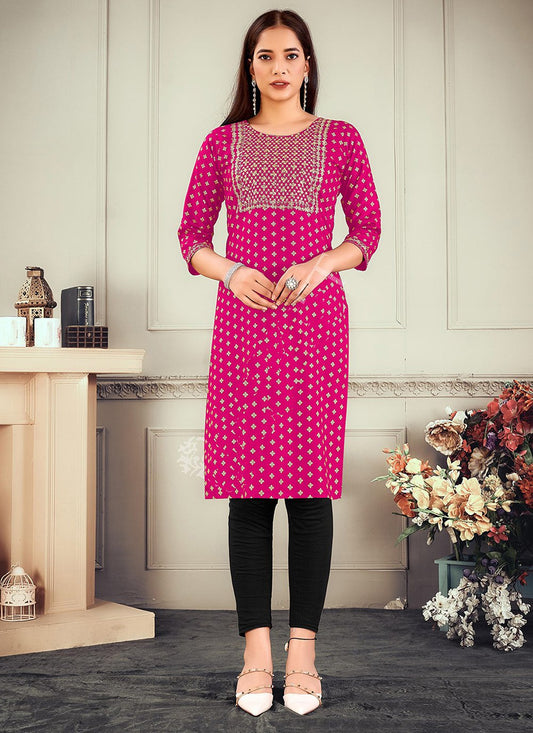 Casual Kurti Rayon Rani Embroidered Kurtis