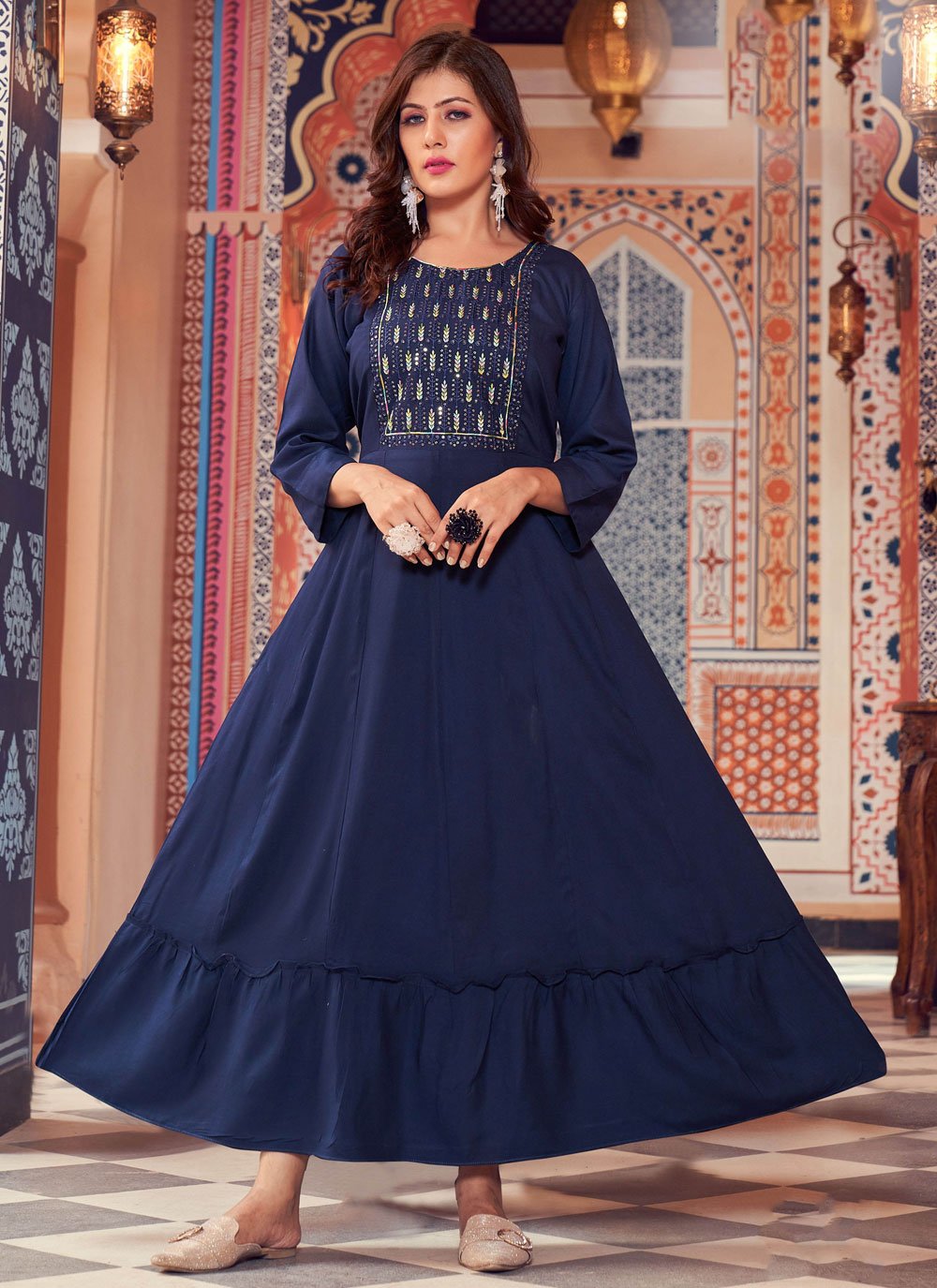 Casual Kurti Rayon Blue Embroidered Kurtis