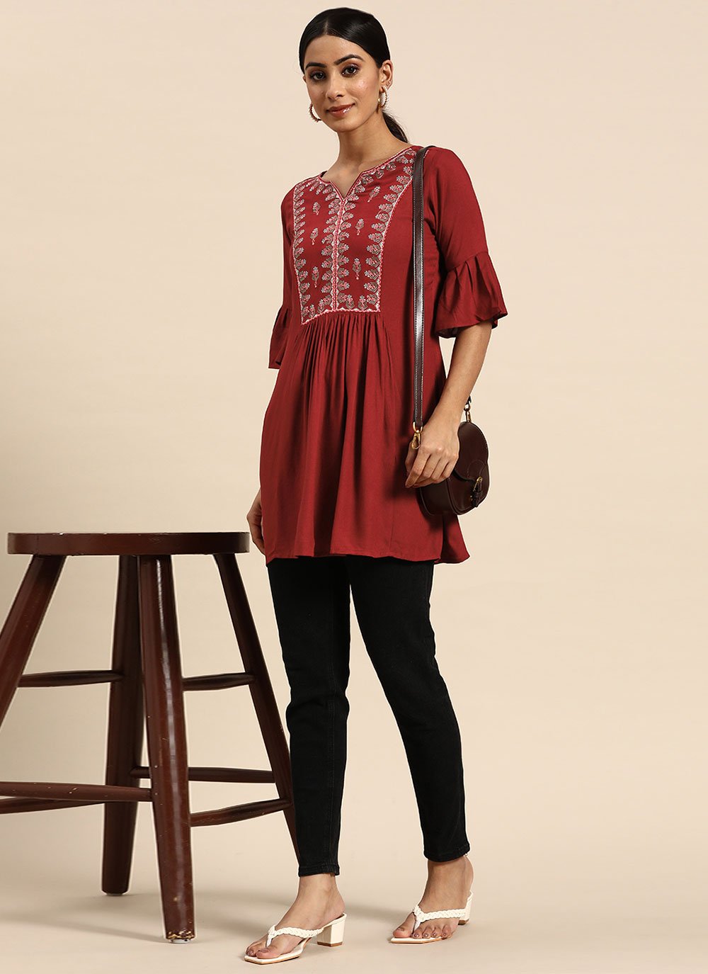 Designer Kurti Rayon Red Embroidered Kurtis