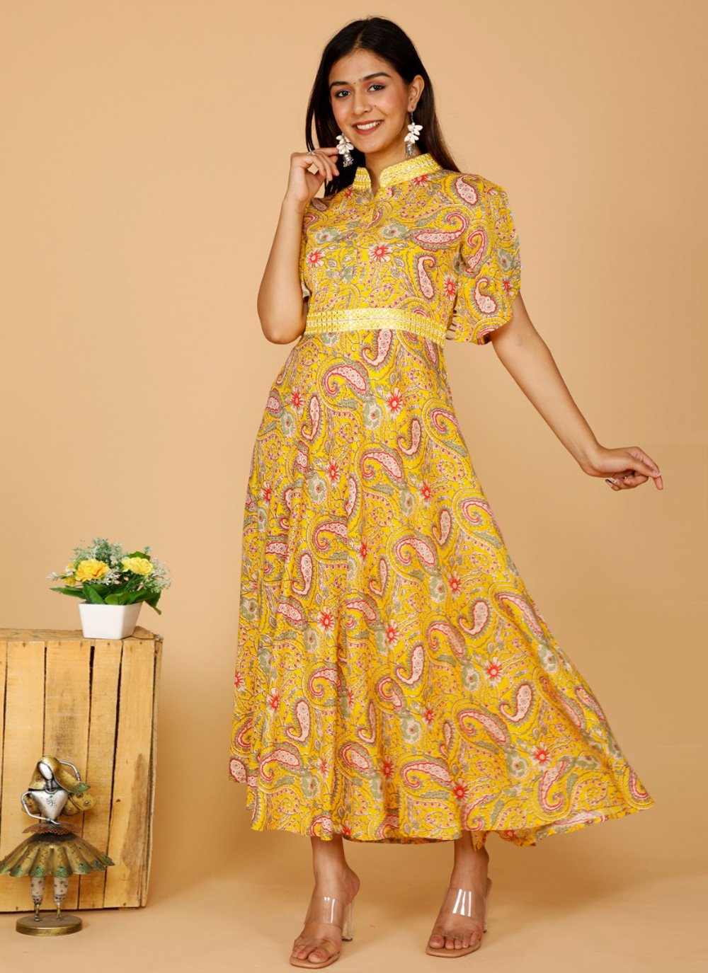 Designer Kurti Rayon Yellow Embroidered Kurtis