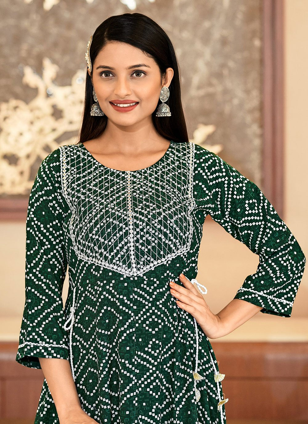 Designer Kurti Rayon Green Bandhej Kurtis