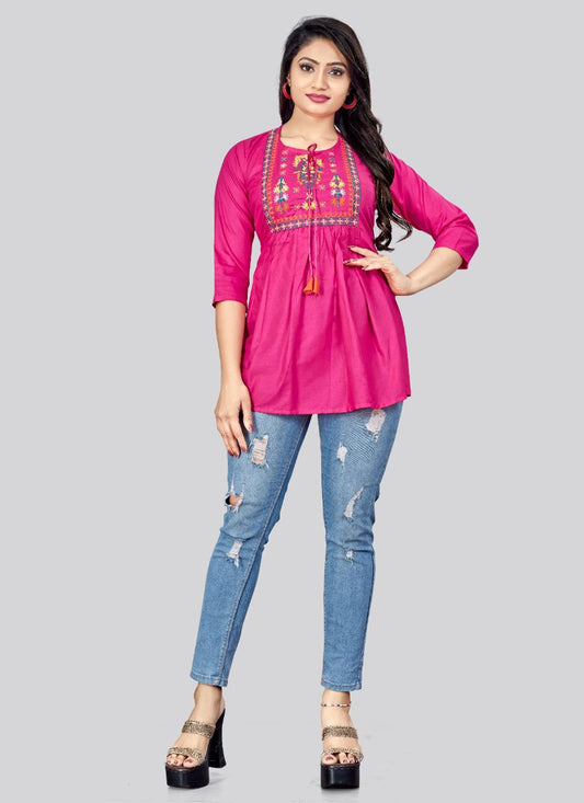 Designer Kurti Rayon Pink Embroidered Kurtis