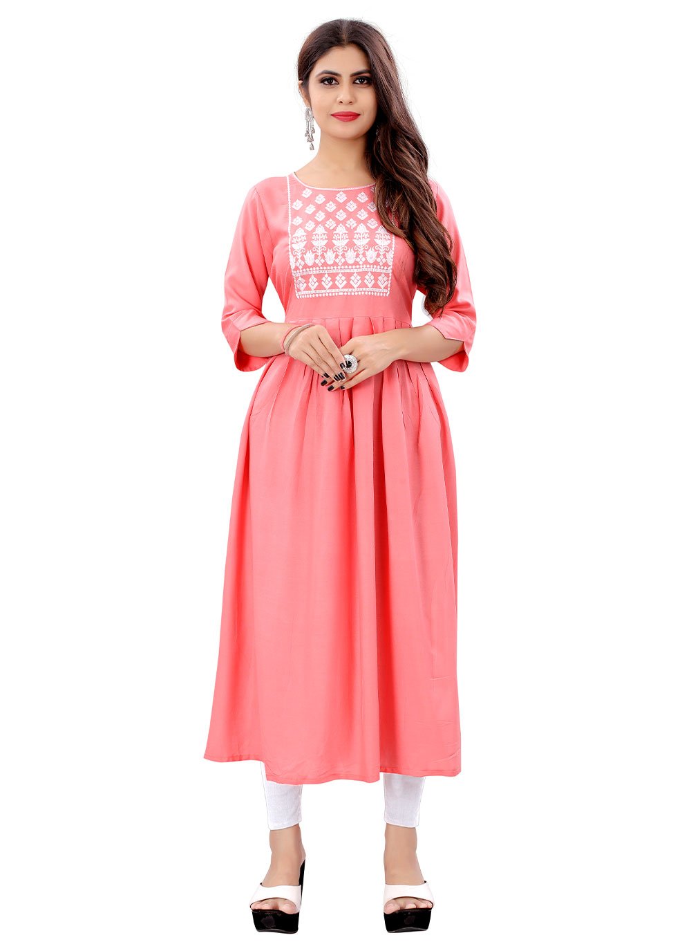 Designer Kurti Rayon Pink Embroidered Kurtis