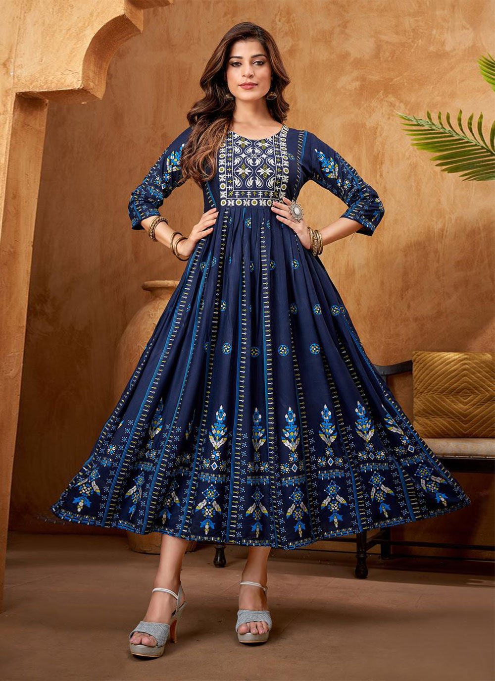 Floor Length Kurti Rayon Blue Embroidered Kurtis