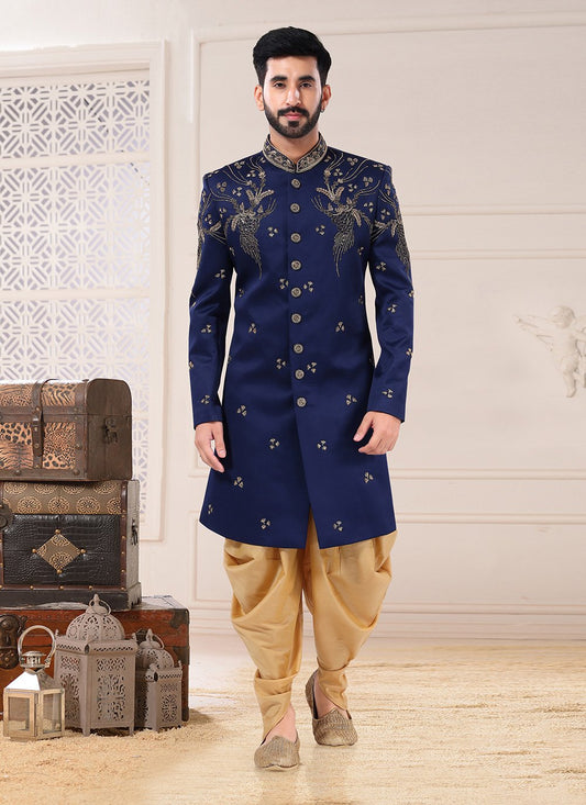 Indo Western Sherwani Rayon Blue Embroidered Mens