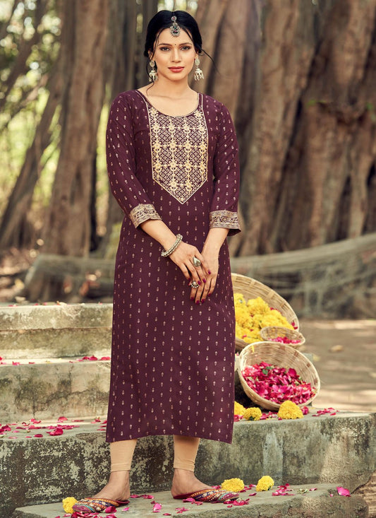 Party Wear Kurti Rayon Mauve Embroidered Kurtis