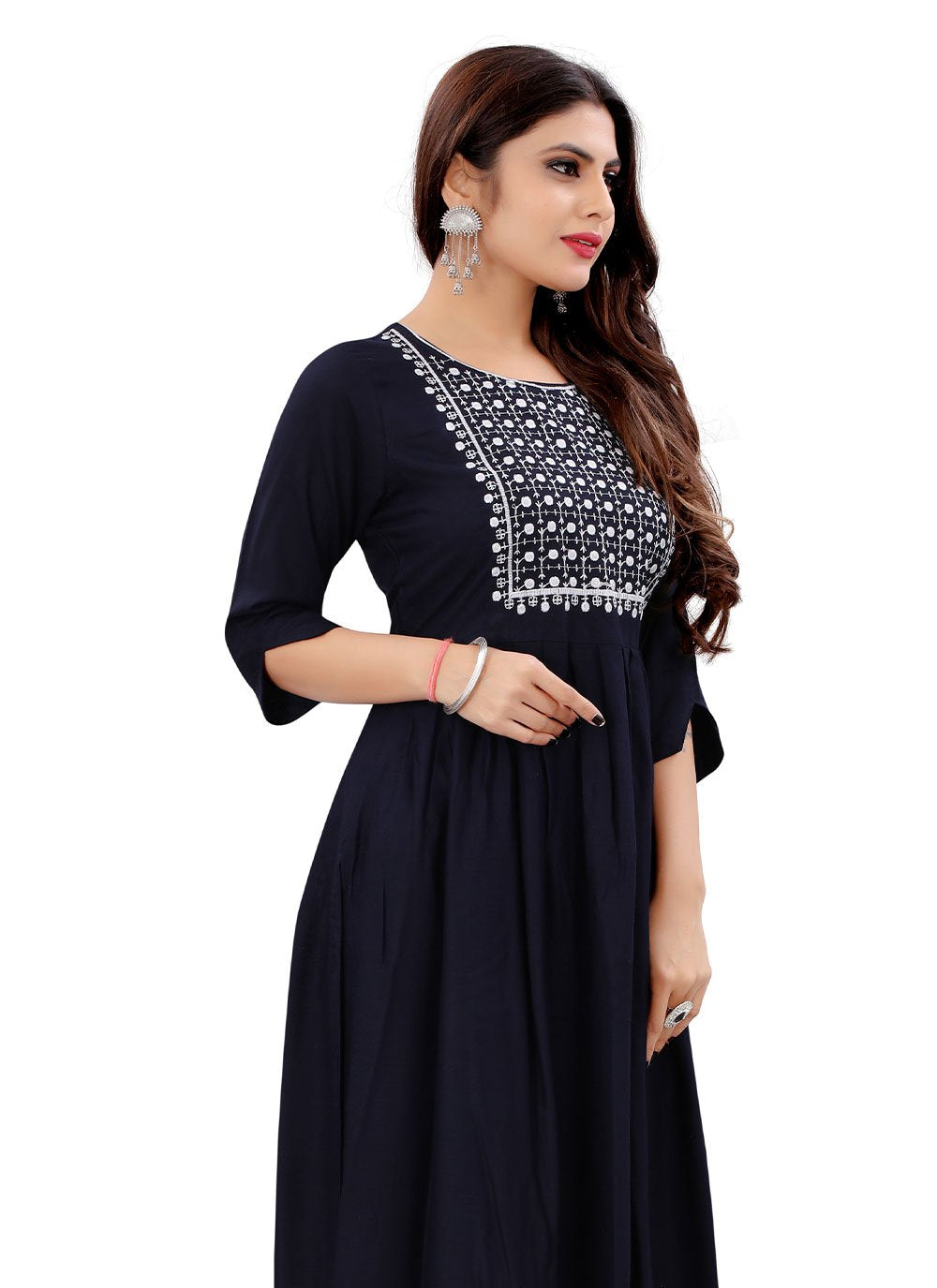 Party Wear Kurti Rayon Blue Embroidered Kurtis