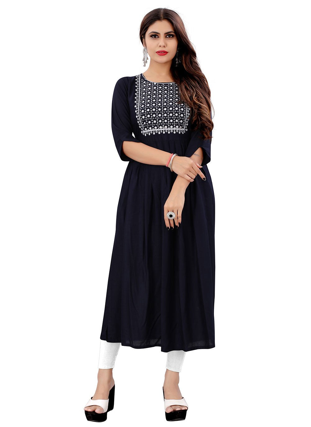 Party Wear Kurti Rayon Blue Embroidered Kurtis