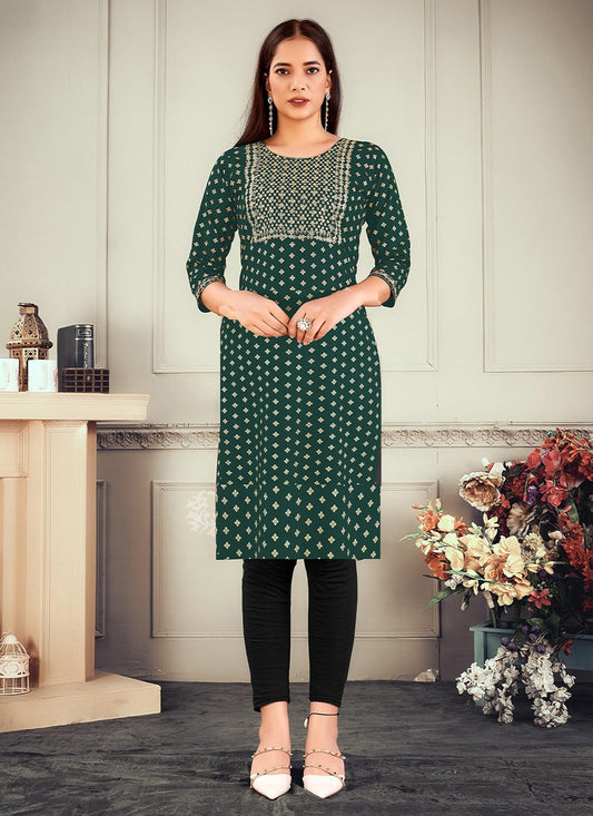 Party Wear Kurti Rayon Green Embroidered Kurtis