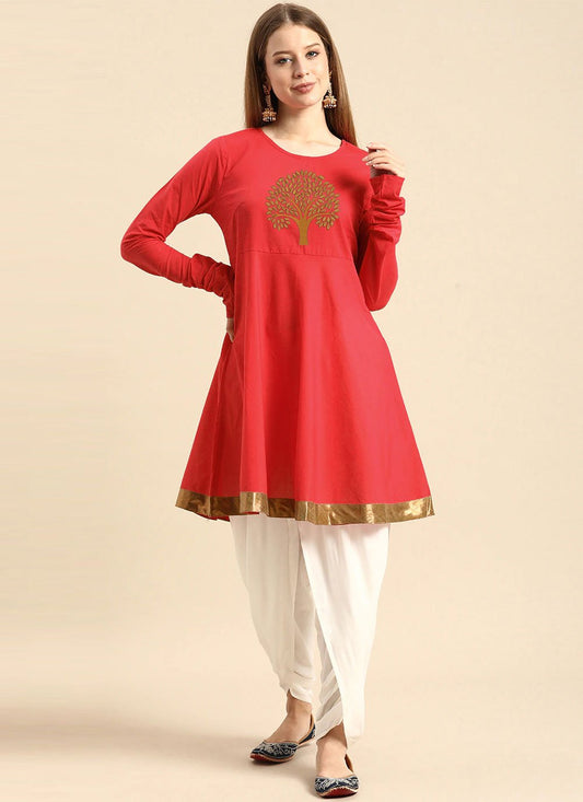 Party Wear Kurti Rayon Red Embroidered Kurtis