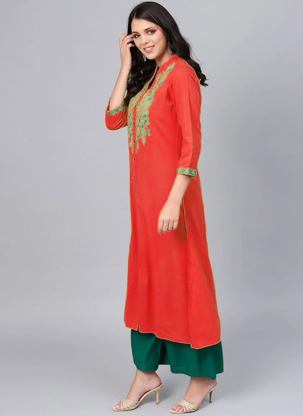 Party Wear Kurti Rayon Red Embroidered Kurtis