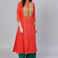 Party Wear Kurti Rayon Red Embroidered Kurtis