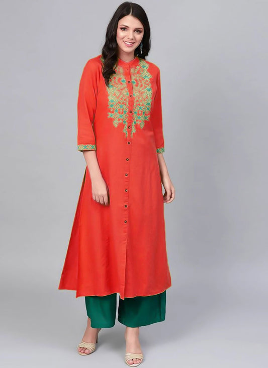 Party Wear Kurti Rayon Red Embroidered Kurtis