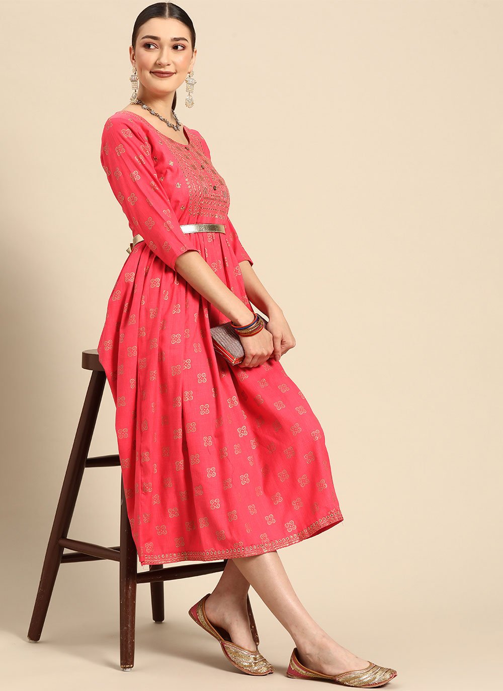 Party Wear Kurti Rayon Pink Embroidered Kurtis