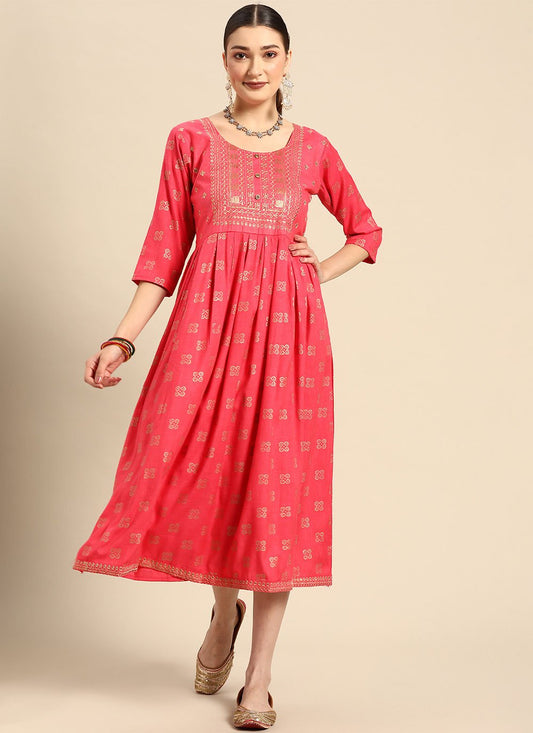 Party Wear Kurti Rayon Pink Embroidered Kurtis