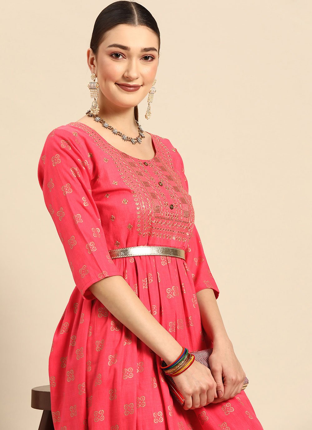 Party Wear Kurti Rayon Pink Embroidered Kurtis