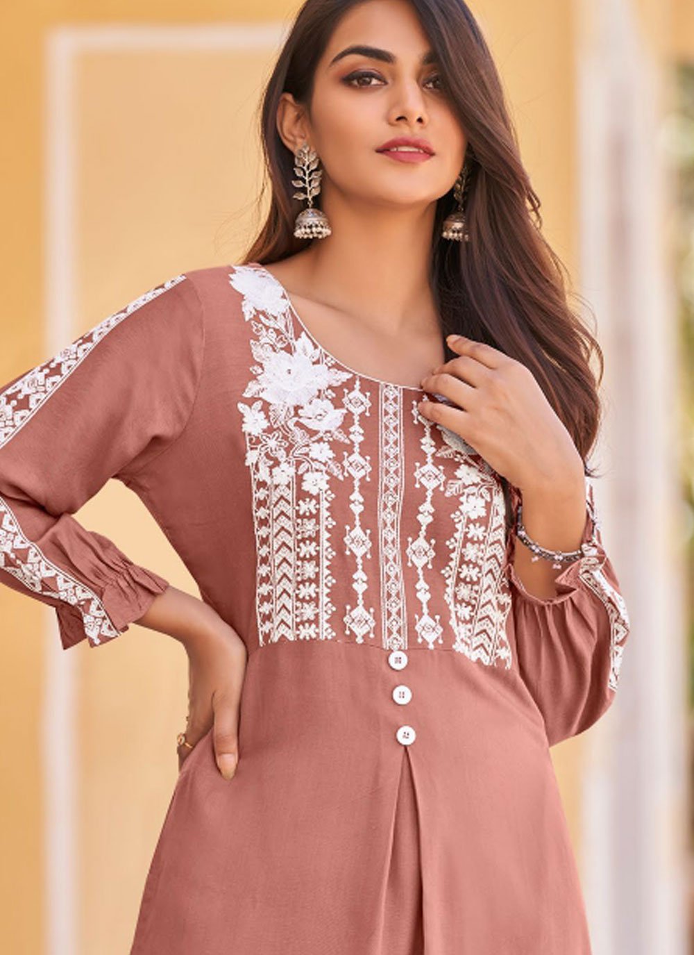 Designer Kurti Rayon Peach Embroidered Kurtis