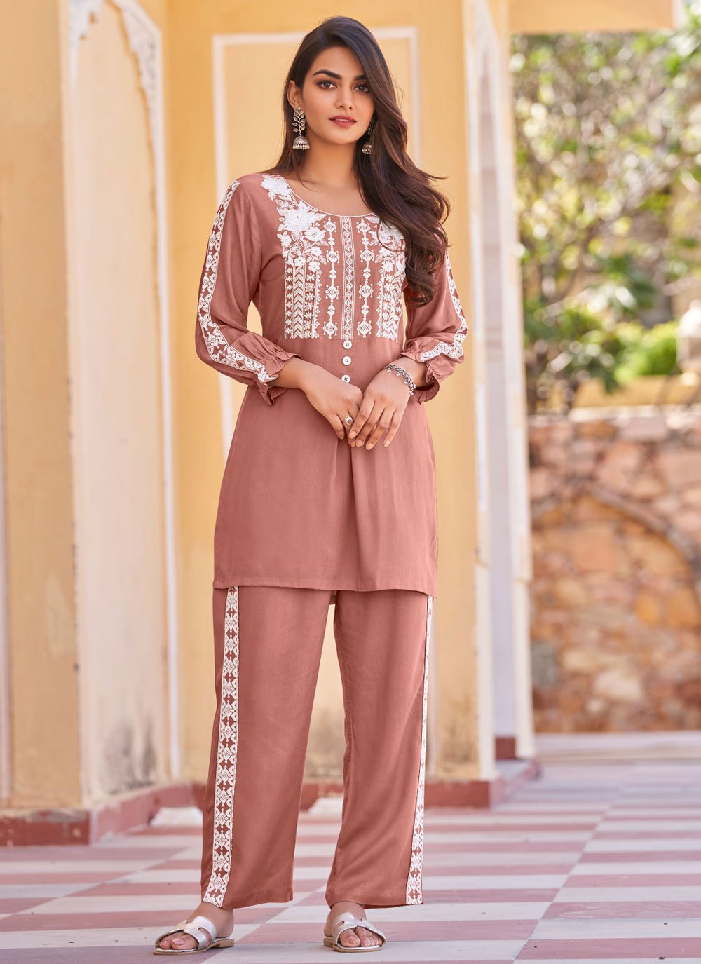 Designer Kurti Rayon Peach Embroidered Kurtis