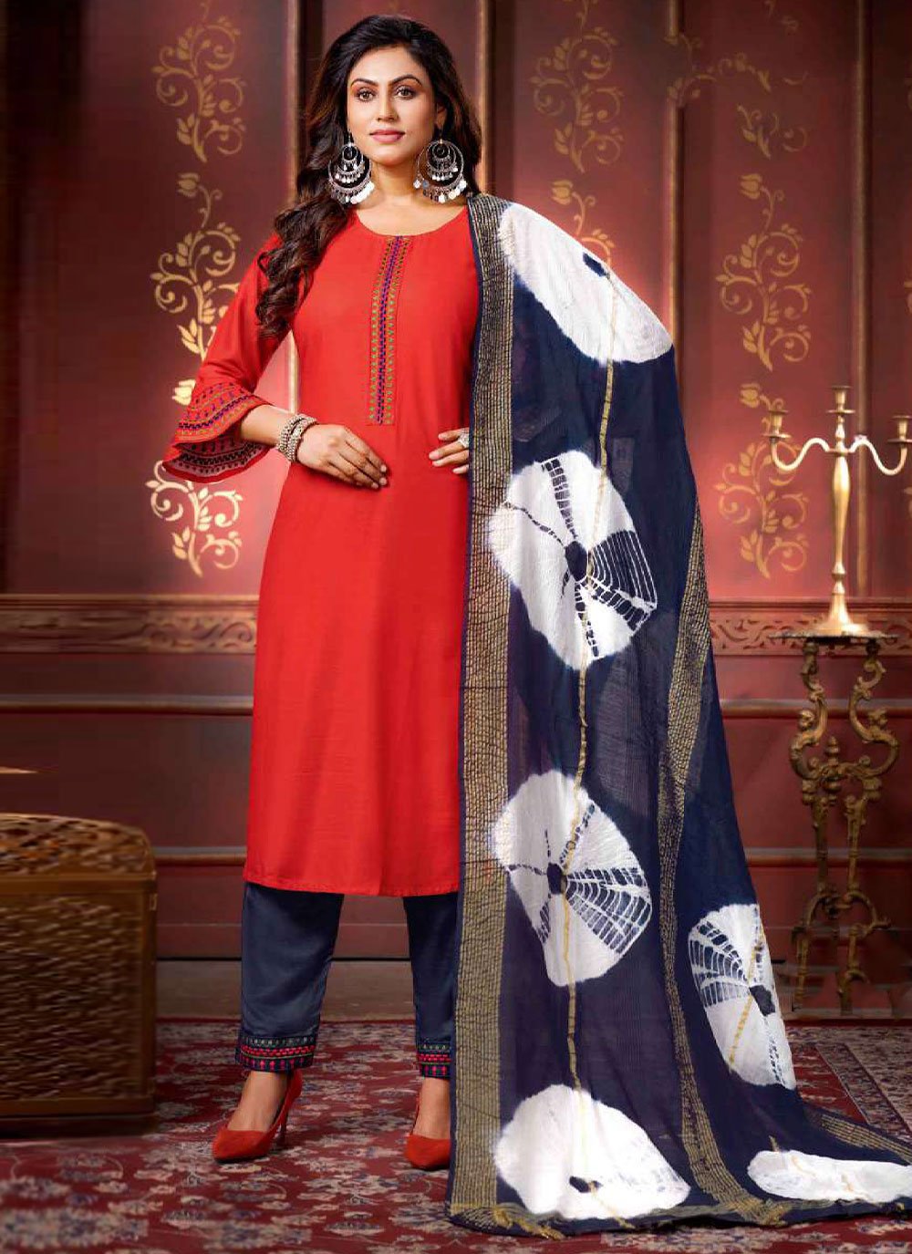 Salwar Suit Rayon Red Embroidered Salwar Kameez