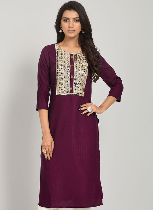 Casual Kurti Rayon Wine Embroidered Kurtis