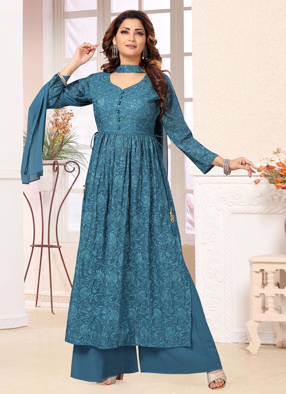 Salwar Suit Georgette Teal Embroidered Salwar Kameez