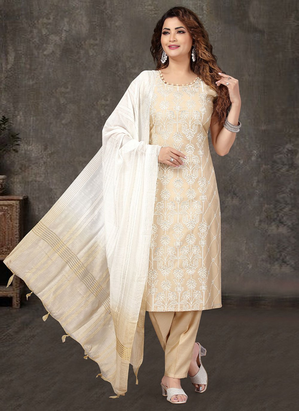 Salwar Suit Art Silk Cream Embroidered Salwar Kameez