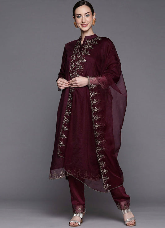 Salwar Suit Rayon Viscose Wine Embroidered Salwar Kameez