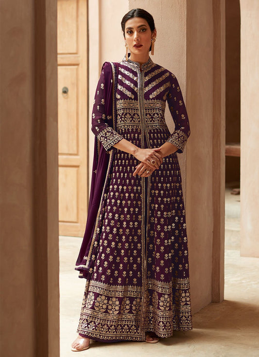 Salwar Suit Georgette Purple Embroidered Salwar Kameez