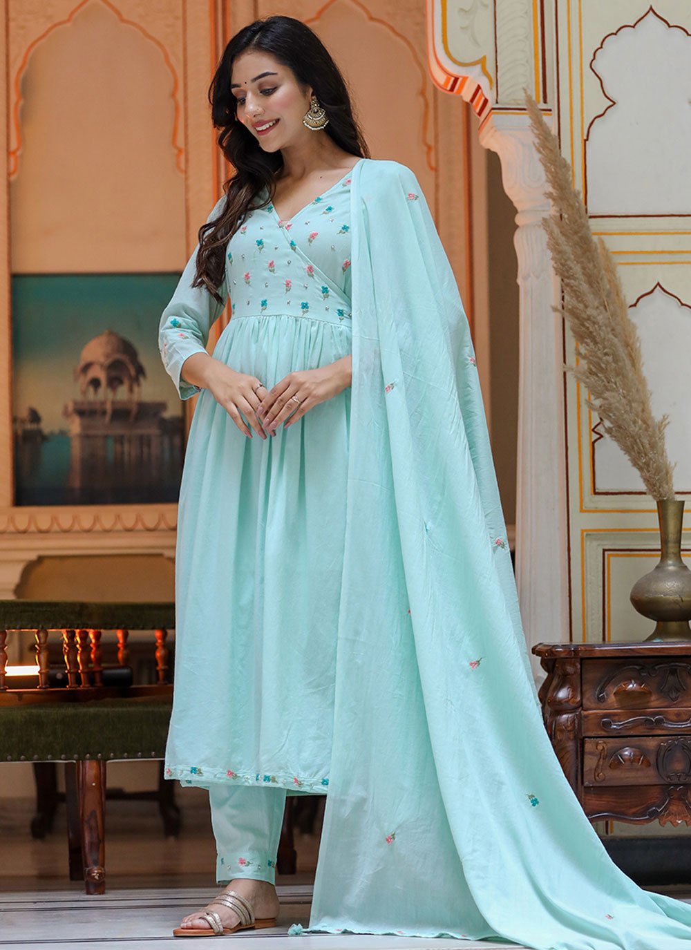 Trendy Suit Cotton Aqua Blue Embroidered Salwar Kameez