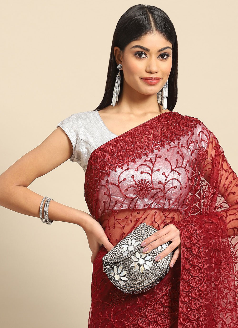 Trendy Saree Net Maroon Embroidered Saree