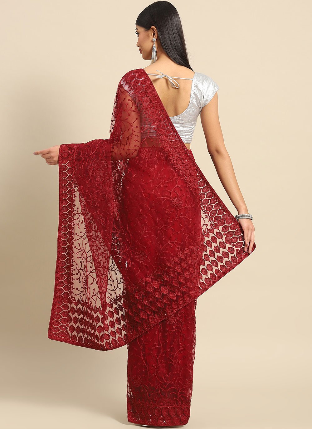 Trendy Saree Net Maroon Embroidered Saree