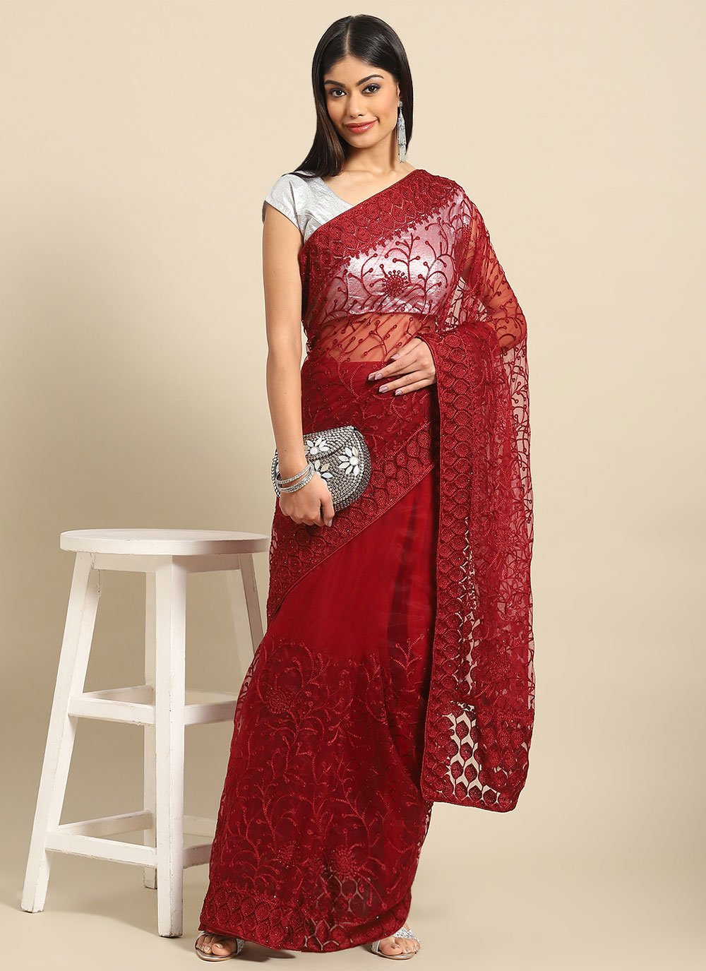 Trendy Saree Net Maroon Embroidered Saree